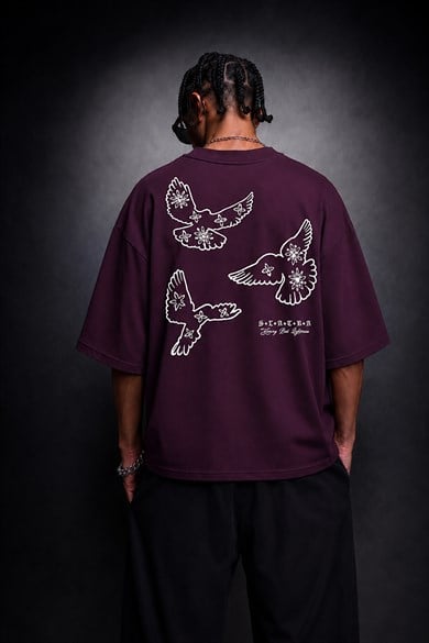 Erkek Mürdüm Heavy Kabartma Baskı Oversize Tshirt