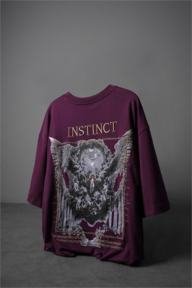 Erkek Mürdüm İnstinct Patch Nakışlı Oversize Tshirt