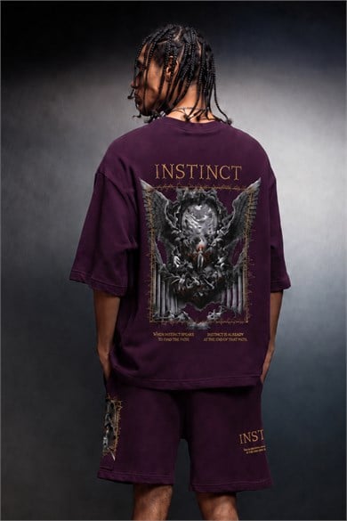 Erkek Mürdüm İnstinct Patch Nakışlı Oversize Tshirt