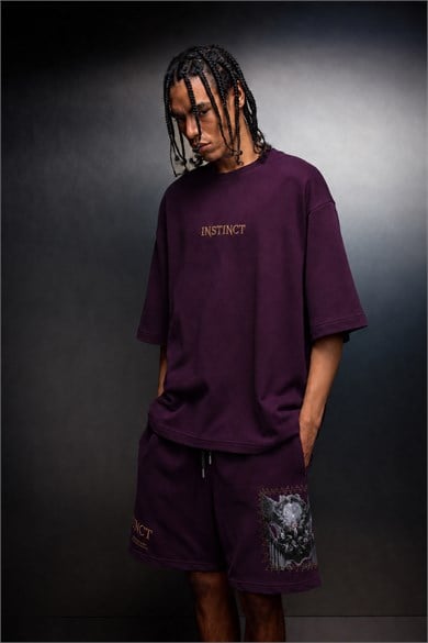 Erkek Mürdüm İnstinct Patch Nakışlı Oversize Tshirt