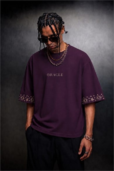 Erkek Mürdüm Oracle Nakışlı Oversize Tshirt