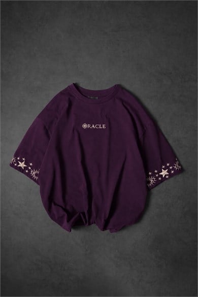 Erkek Mürdüm Oracle Nakışlı Oversize Tshirt