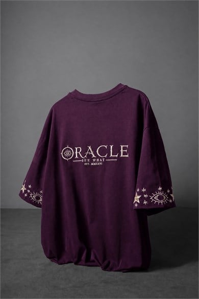 Erkek Mürdüm Oracle Nakışlı Oversize Tshirt