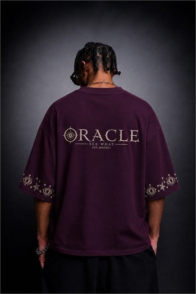 Erkek Mürdüm Oracle Nakışlı Oversize Tshirt