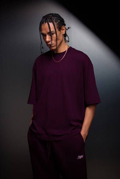 Erkek Mürdüm Oversize Basic Tshirt