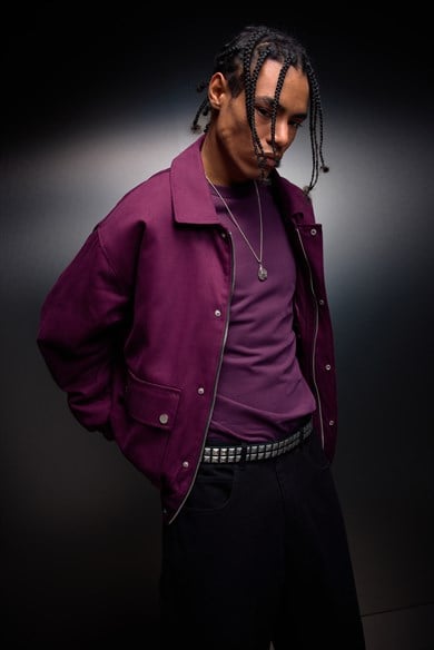 Erkek Mürdüm Oversize Cepli Gabardin Ceket