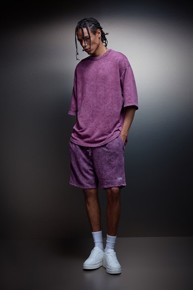 Erkek Mürdüm Oversize Yıkama Efektli Basic Tshirt