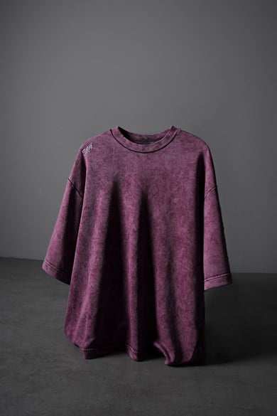 Erkek Mürdüm Oversize Yıkama Efektli Basic Tshirt