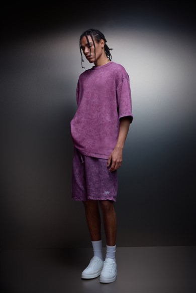 Erkek Mürdüm Oversize Yıkama Efektli Basic Tshirt