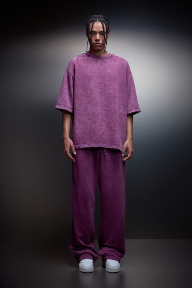 Erkek Mürdüm Oversize Yıkama Efektli Basic Tshirt