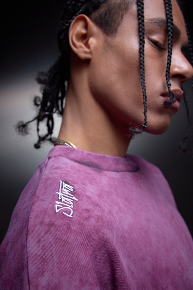 Erkek Mürdüm Oversize Yıkama Efektli Basic Tshirt