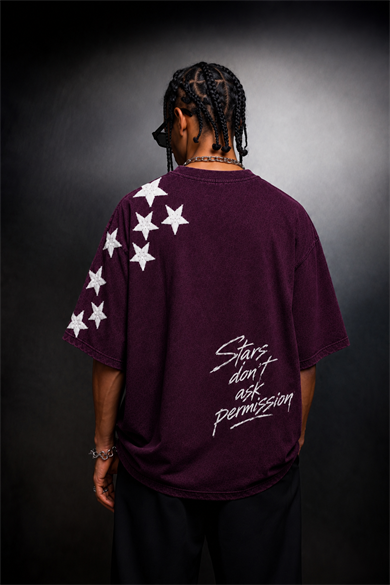 Erkek Mürdüm  Permission Aplike Nakışlı Oversize Tshirt