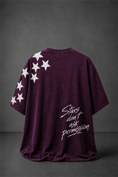 Erkek Mürdüm  Permission Aplike Nakışlı Oversize Tshirt