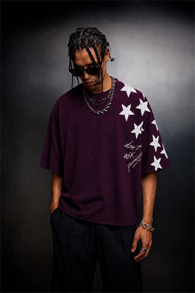 Erkek Mürdüm  Permission Aplike Nakışlı Oversize Tshirt