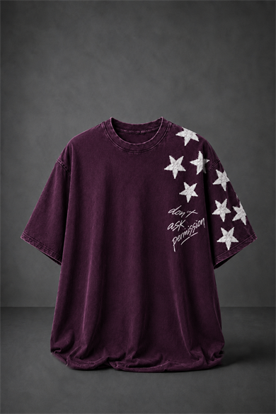 Erkek Mürdüm  Permission Aplike Nakışlı Oversize Tshirt