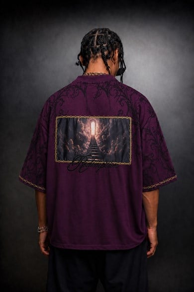 Erkek Mürdüm Redemption Patchli Baskılı Oversize Tshirt