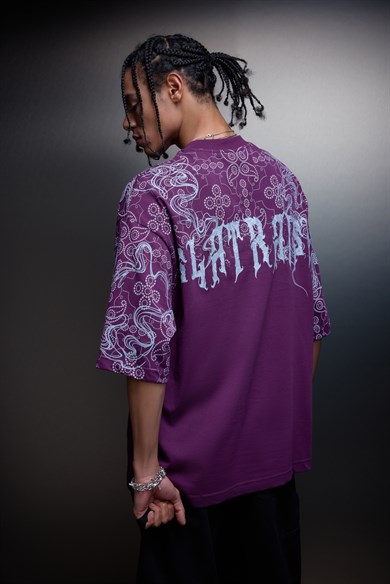 Erkek Mürdüm Slatraism Kabartma Baskılı Oversize Tshirt
