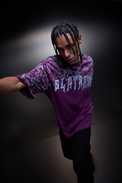 Erkek Mürdüm Slatraism Kabartma Baskılı Oversize Tshirt