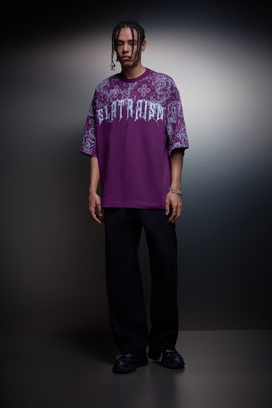 Erkek Mürdüm Slatraism Kabartma Baskılı Oversize Tshirt