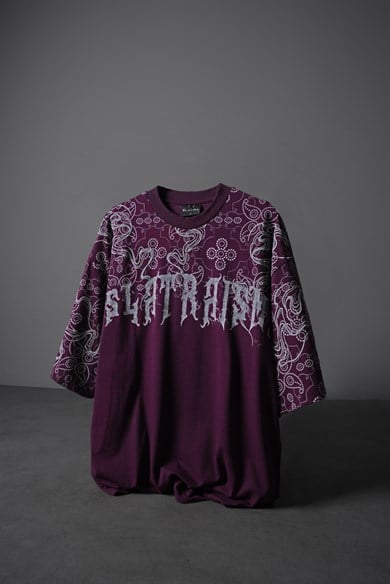 Erkek Mürdüm Slatraism Kabartma Baskılı Oversize Tshirt