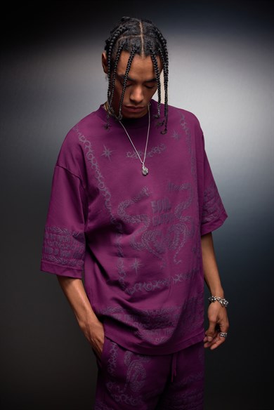 Erkek Mürdüm Soul Glitch Kabartma Baskılı Oversize Tshirt