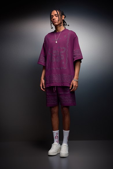 Erkek Mürdüm Soul Glitch Kabartma Baskılı Oversize Tshirt