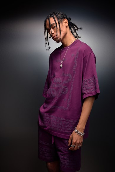 Erkek Mürdüm Soul Glitch Kabartma Baskılı Oversize Tshirt
