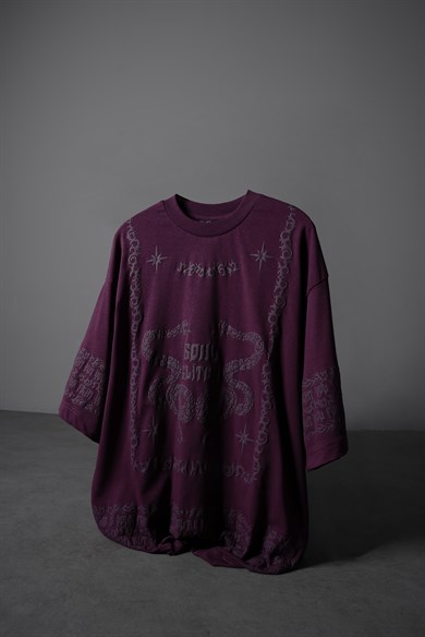Erkek Mürdüm Soul Glitch Kabartma Baskılı Oversize Tshirt