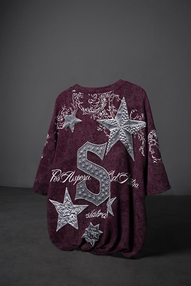 Erkek Mürdüm SuperStar Baskılı Oversize Yıkama Efektli Tshirt