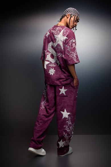 Erkek Mürdüm SuperStar Baskılı Oversize Yıkama Efektli Tshirt