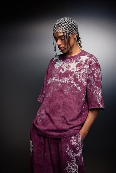 Erkek Mürdüm SuperStar Baskılı Oversize Yıkama Efektli Tshirt