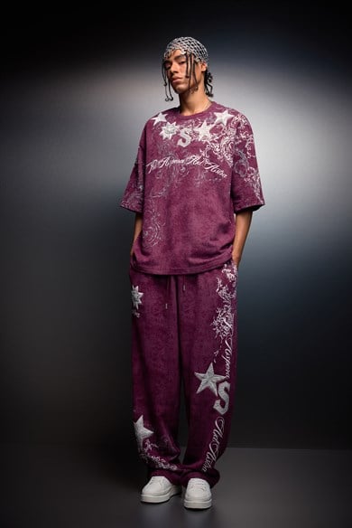 Erkek Mürdüm SuperStar Baskılı Oversize Yıkama Efektli Tshirt