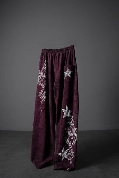 Erkek Mürdüm SuperStar Baskılı Yıkama Efektli Baggy Eşofman