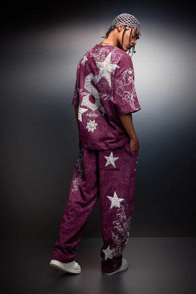 Erkek Mürdüm SuperStar Baskılı Yıkama Efektli Baggy Eşofman