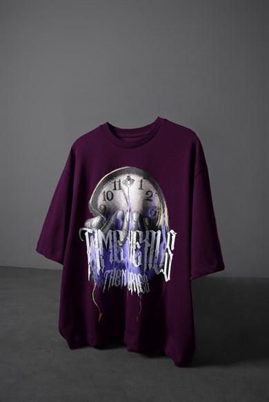 Erkek Mürdüm Time Heals Baskılı Oversize Tshirt