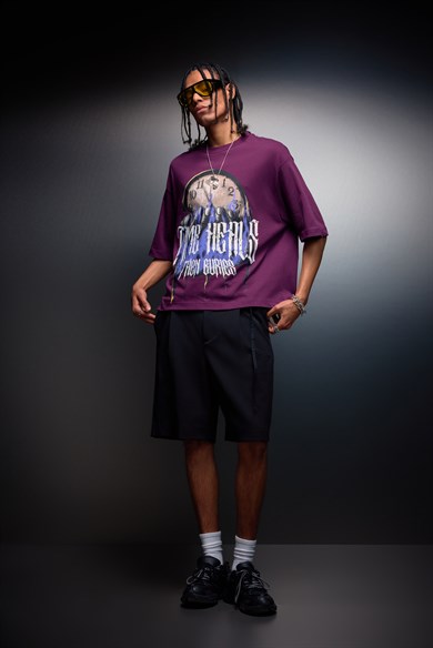 Erkek Mürdüm Time Heals Baskılı Oversize Tshirt