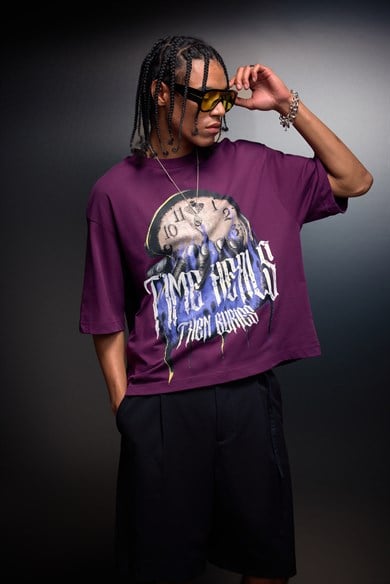 Erkek Mürdüm Time Heals Baskılı Oversize Tshirt