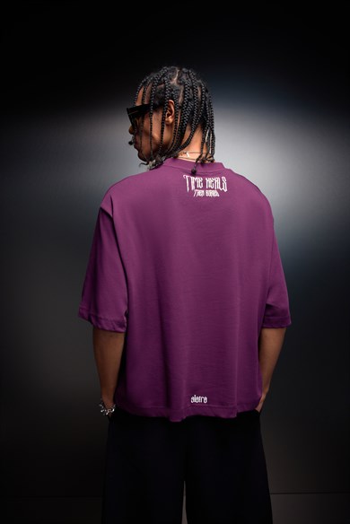 Erkek Mürdüm Time Heals Baskılı Oversize Tshirt