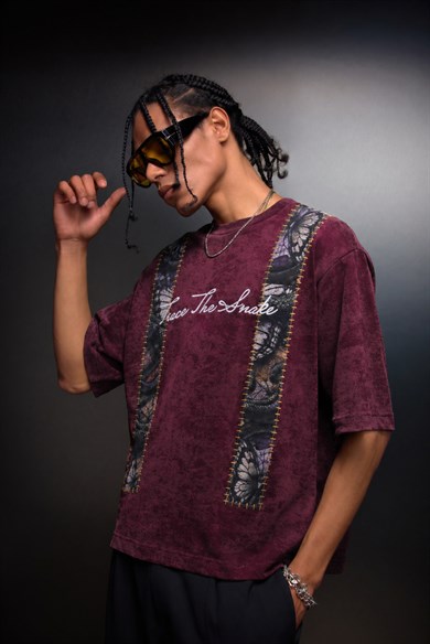 Erkek Mürdüm Trace Patch Box Fit Yıkama Efektli Tshirt