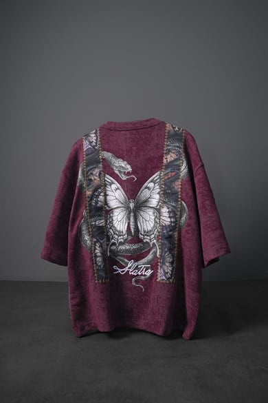 Erkek Mürdüm Trace Patch Box Fit Yıkama Efektli Tshirt