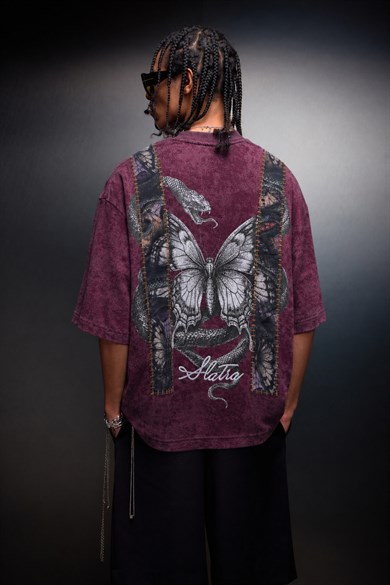 Erkek Mürdüm Trace Patch Box Fit Yıkama Efektli Tshirt