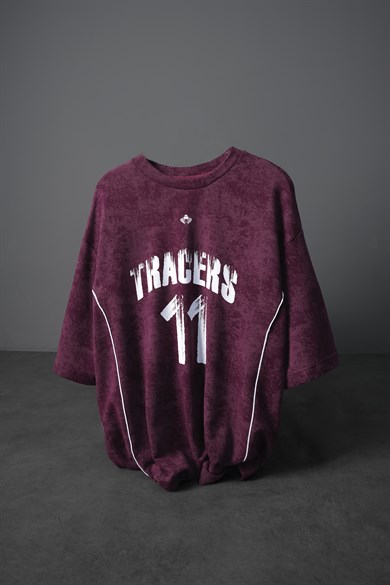 Erkek Mürdüm Tracers 11 Baskılı Yıkama Efektli Oversize Tshirt