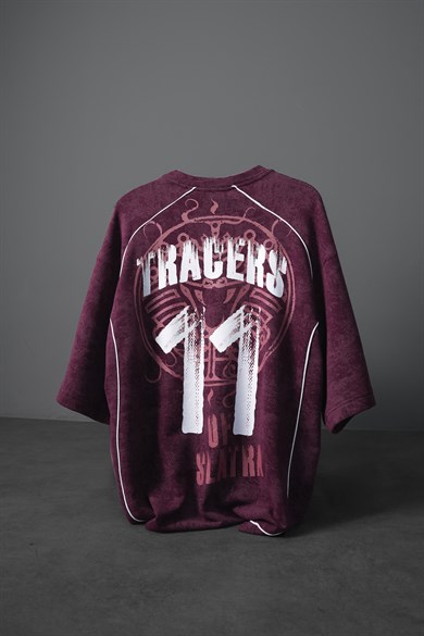 Erkek Mürdüm Tracers 11 Baskılı Yıkama Efektli Oversize Tshirt