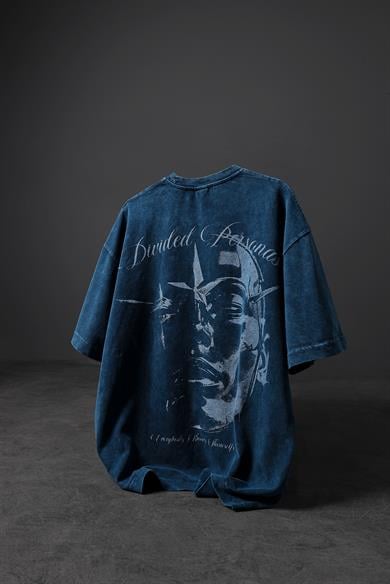 Erkek Petrol Divided Personas Baskılı Özel Yıkamalı Kumaş Oversize Tshirt