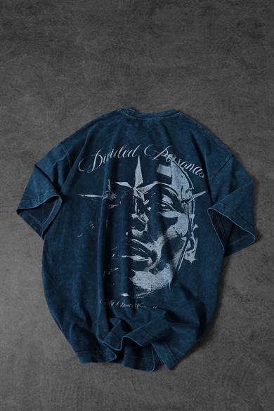 Erkek Petrol Divided Personas Baskılı Özel Yıkamalı Kumaş Oversize Tshirt