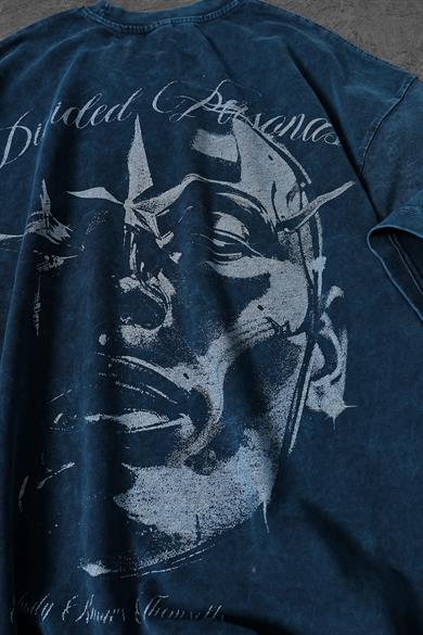Erkek Petrol Divided Personas Baskılı Özel Yıkamalı Kumaş Oversize Tshirt