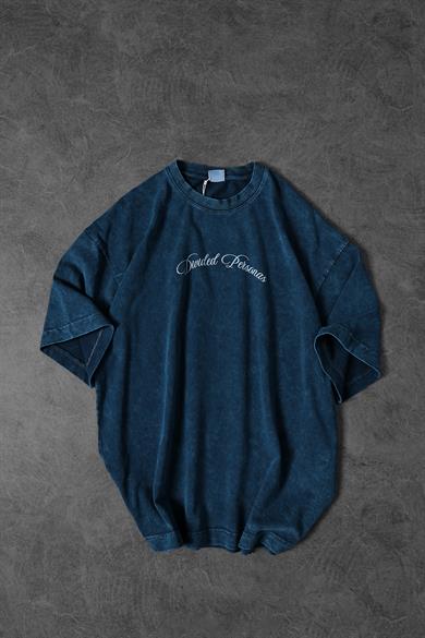 Erkek Petrol Divided Personas Baskılı Özel Yıkamalı Kumaş Oversize Tshirt