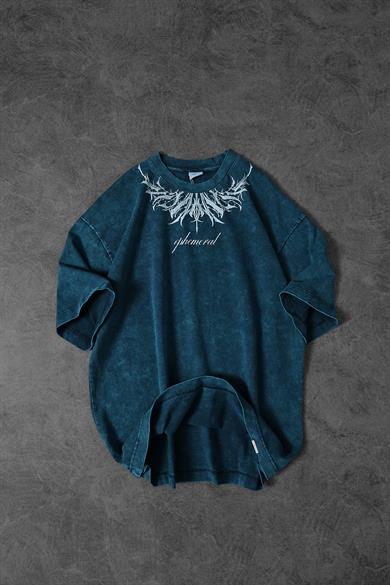 Erkek Petrol Ephemeral Baskılı Özel Yıkamalı Kumaş Oversize Tshirt
