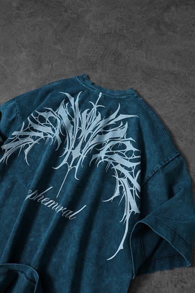 Erkek Petrol Ephemeral Baskılı Özel Yıkamalı Kumaş Oversize Tshirt