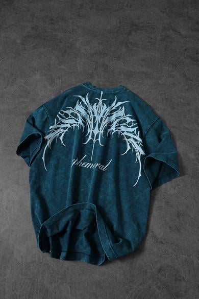 Erkek Petrol Ephemeral Baskılı Özel Yıkamalı Kumaş Oversize Tshirt